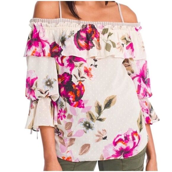 White House Black Market Floral Print Off the Shoulder Blouse Size Small EUC Q54 - Picture 1 of 5
